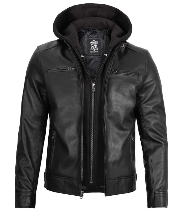 Dodge Men's Black Moto Leather Jacket With Hood - Image 5