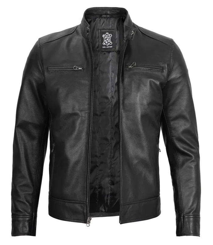 Dodge Men's Black Moto Leather Jacket With Hood