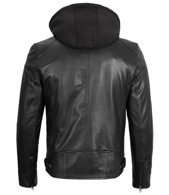 Dodge Men's Black Moto Leather Jacket With Hood - Image 4