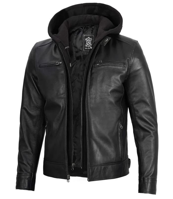 Dodge Men's Black Moto Leather Jacket With Hood - Image 3