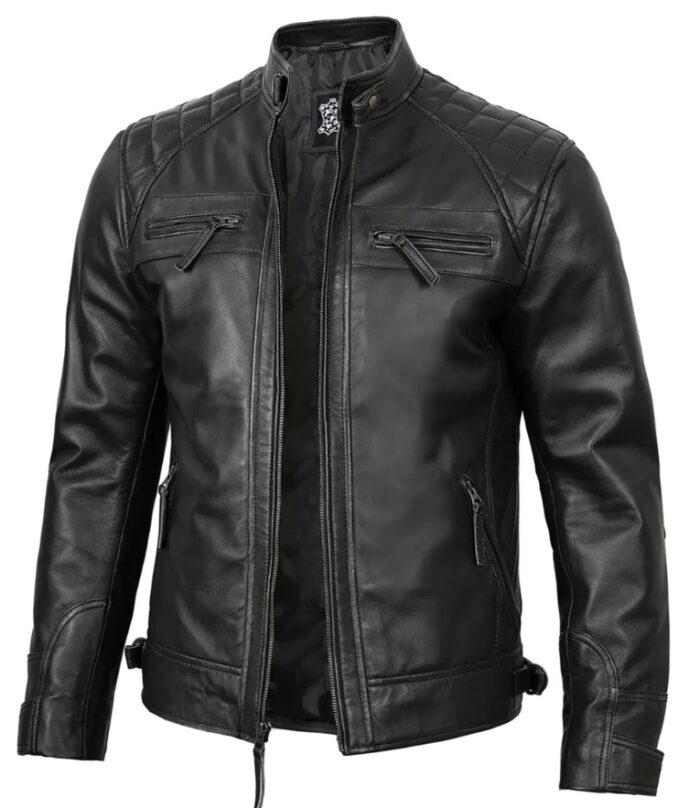 Men's Real Leather Cafe Racer Black Motorcycle Jacket — Fast Delivery