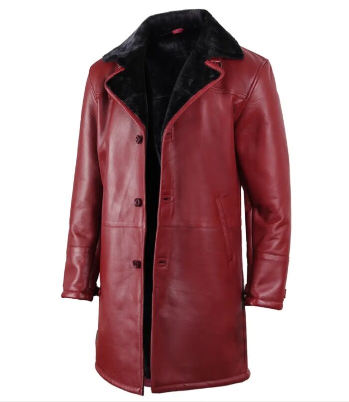 Men's Winter Maroon Leather with Black Shearling Long Coat