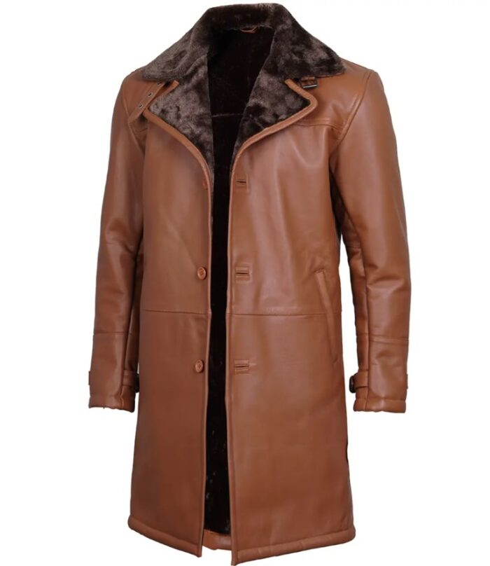 Men's Dark Brown Cognac Leather Shearling Coat