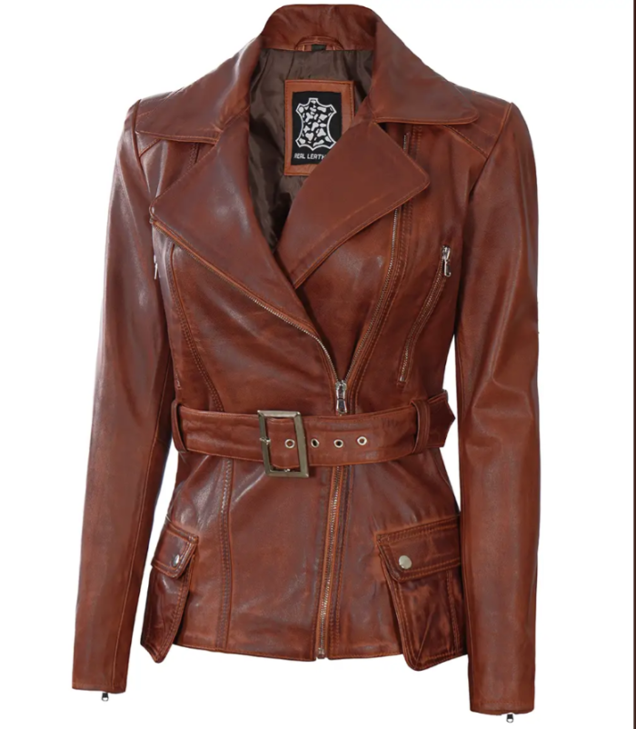 Women's Cognac Wax Asymmetrical Real Leather Jacket