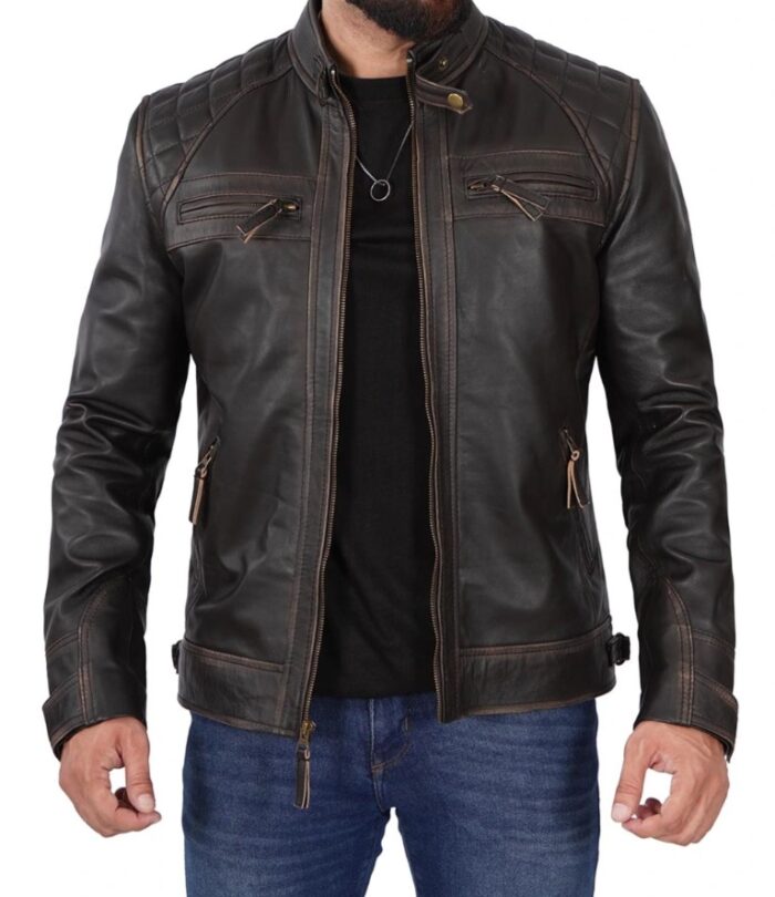 Men's Cafe Racer Distressed Brown Leather Jacket — Fast Delivery