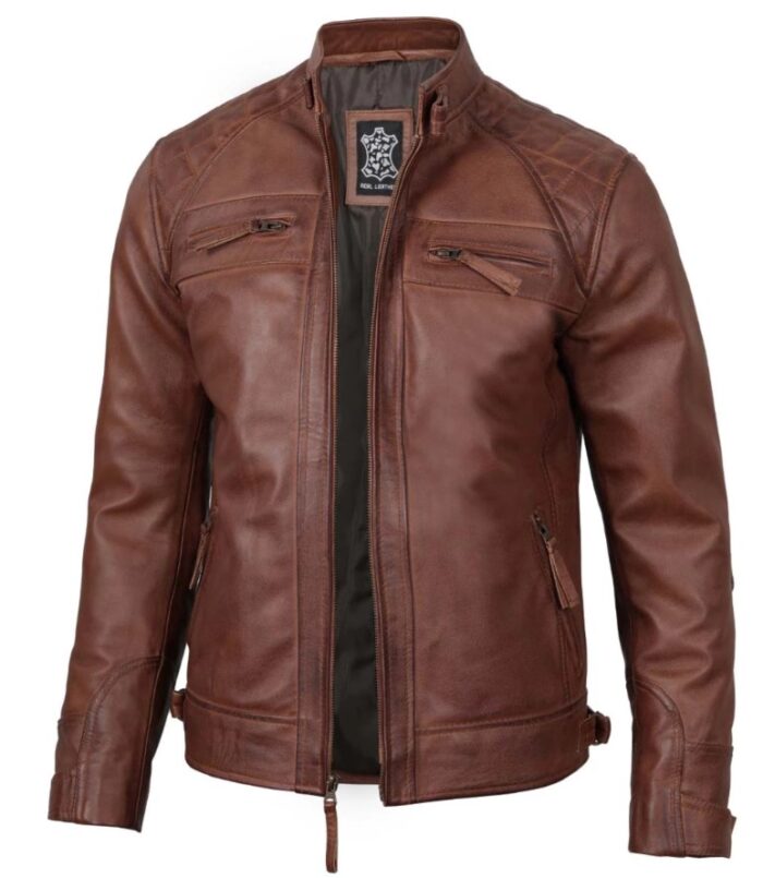 Men’s Cognac Brown Quilted Leather Motorcycle Jacket – Fitted & Rugged