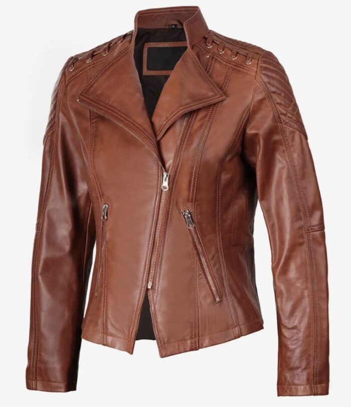 Erika Women's Cognac Brown Leather Asymmetrical Motorcycle Jacket