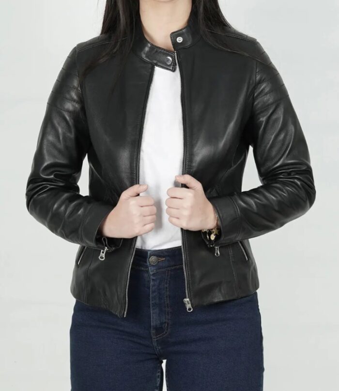 Carrie Women's Black Relaxed Fit Cafe Racer Leather Jacket