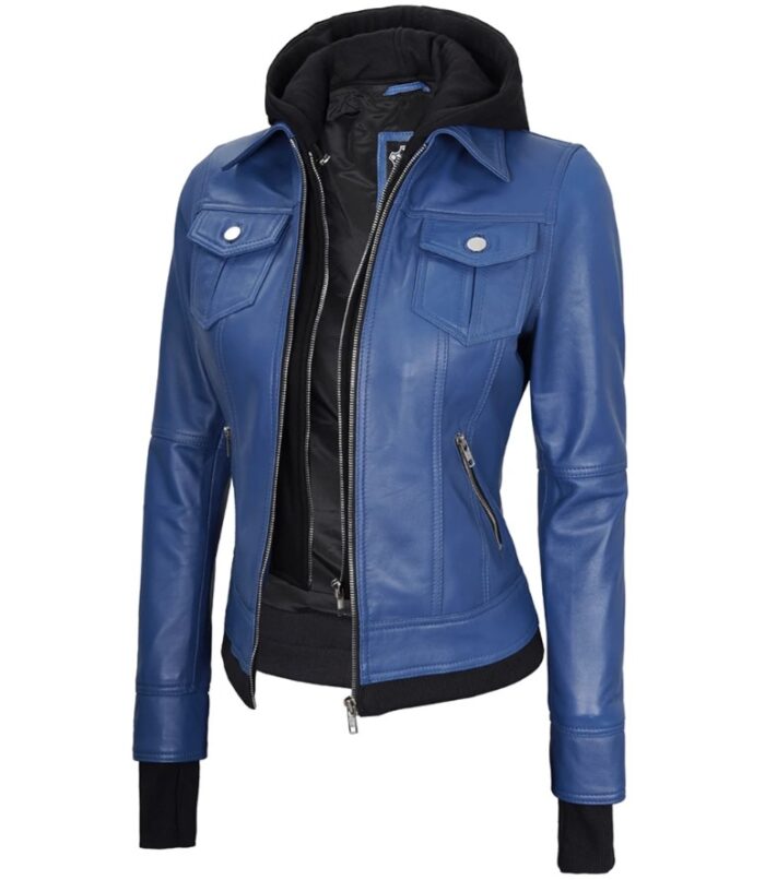 Betty Women's Blue Leather Jacket with Removable Hood