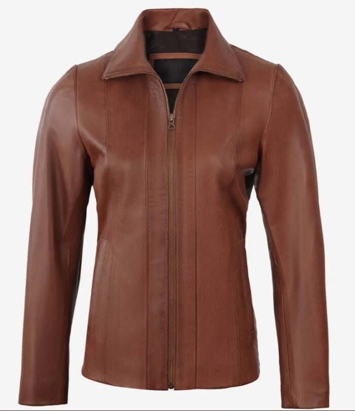 Roxanne Women's Cognac Brown Harrington Leather Jacket - Image 3