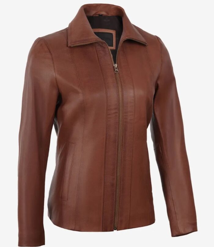 Roxanne Women's Cognac Brown Harrington Leather Jacket - Image 4