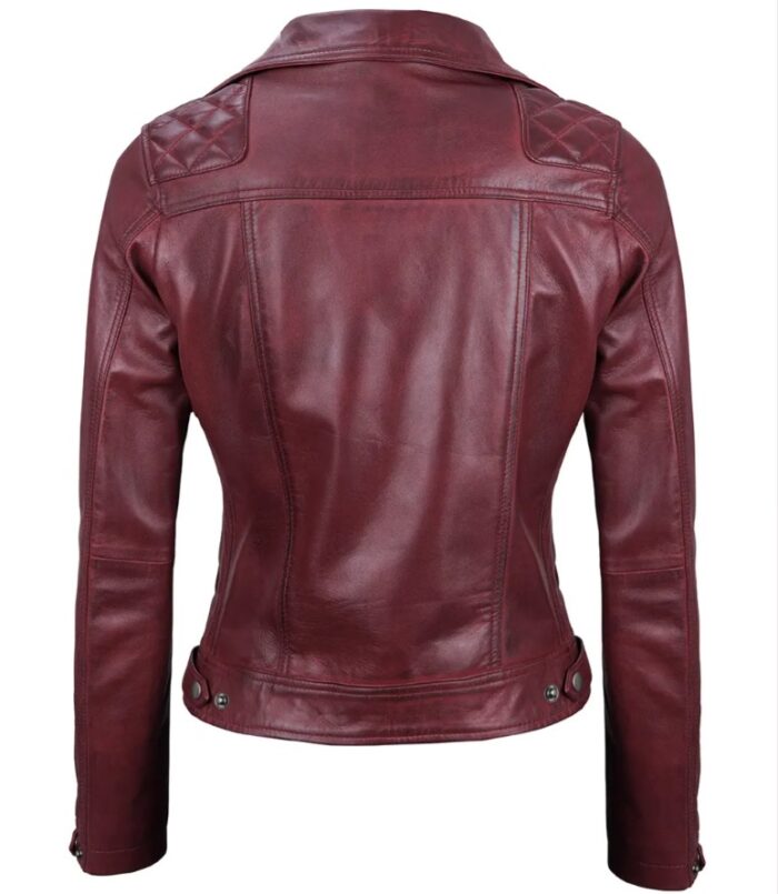 Kimberley Quilted Leather Motorcycle Maroon Jacket for Women - Image 2