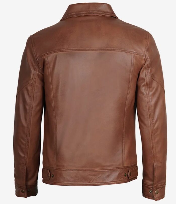 Men Cognac Shirt Collar Harrington Leather Jacket - Image 2