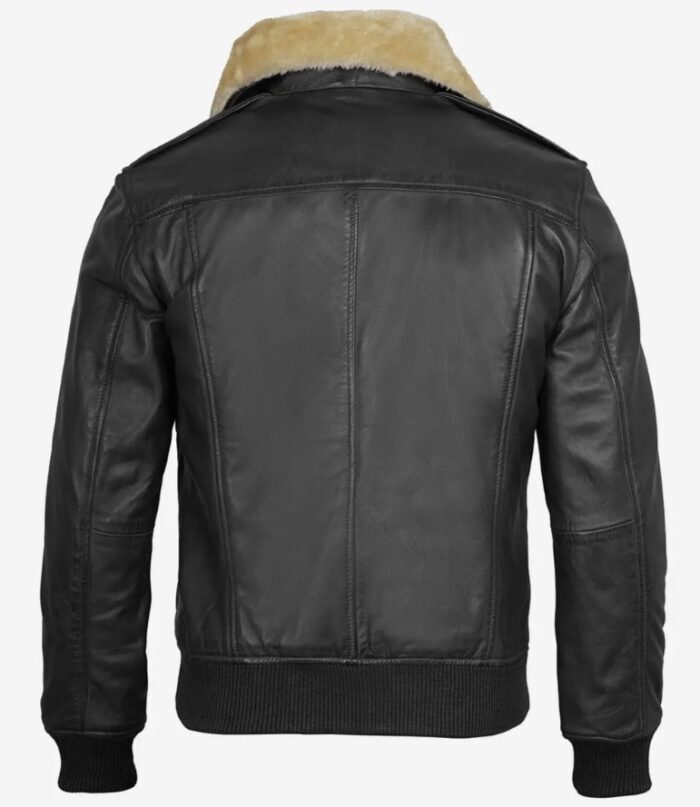 Garrett Black Mens Leather Bomber Jacket — Fur Collar - Image 2