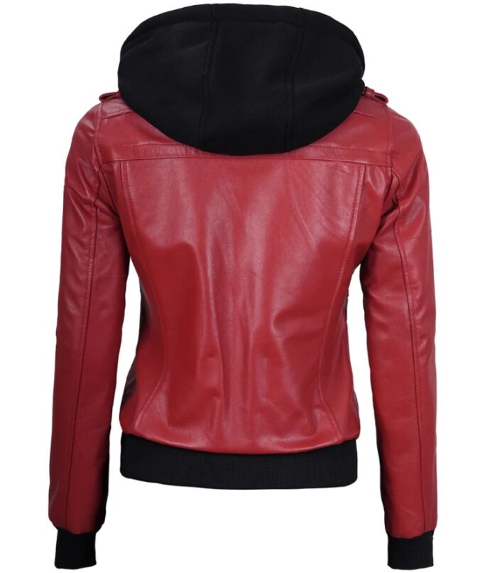 Women's Red Leather Jacket with Removable Hood - Image 2