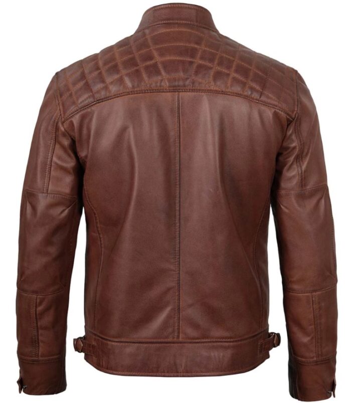 Men’s Cognac Brown Quilted Leather Motorcycle Jacket – Fitted & Rugged - Image 2