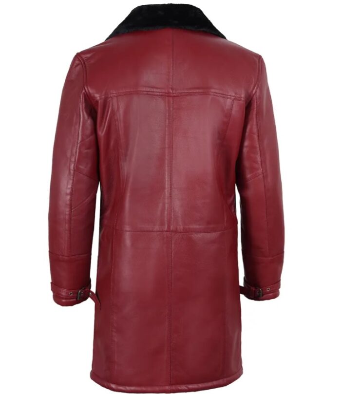 Men's Winter Maroon Leather with Black Shearling Long Coat - Image 2