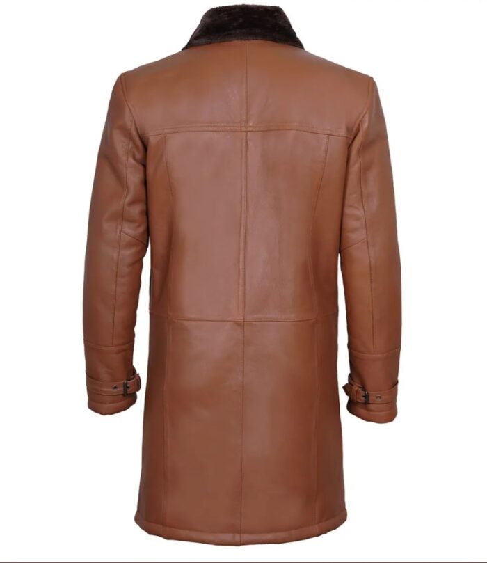 Men's Dark Brown Cognac Leather Shearling Coat - Image 2