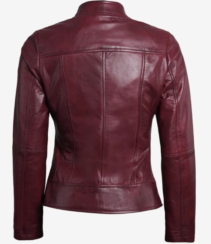 Women's Maroon Cafe Racer Leather Jacket - Image 2