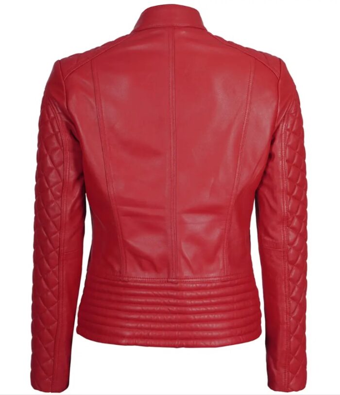 Women Red Quilted Sleeves Cafe Racer Leather Jacket - Image 2