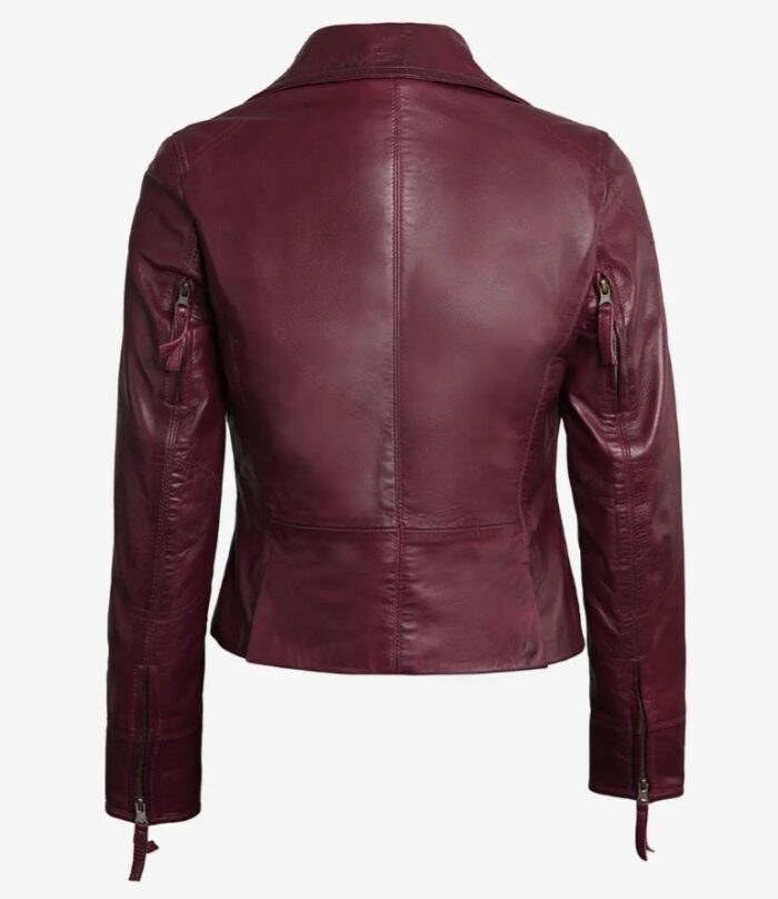 Ramsey Women's Maroon Asymmetrical Waxed Biker Leather Jacket - Image 2