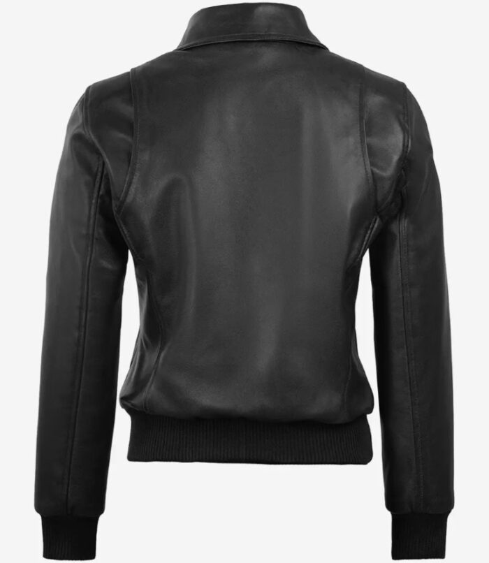 Birdie Women Black Vintage Harrington Bomber Leather Jacket - Image 2