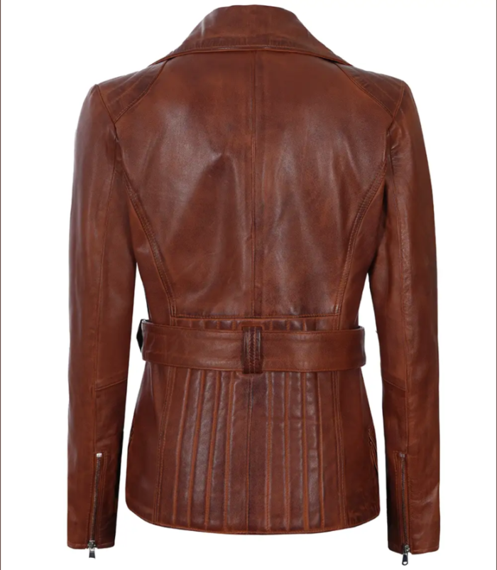 Women's Cognac Wax Asymmetrical Real Leather Jacket - Image 4