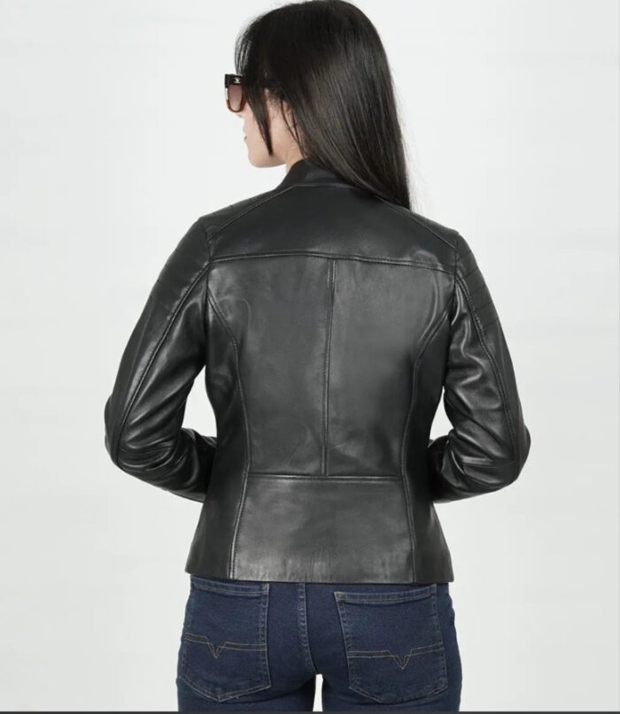 Carrie Women's Black Relaxed Fit Cafe Racer Leather Jacket - Image 2