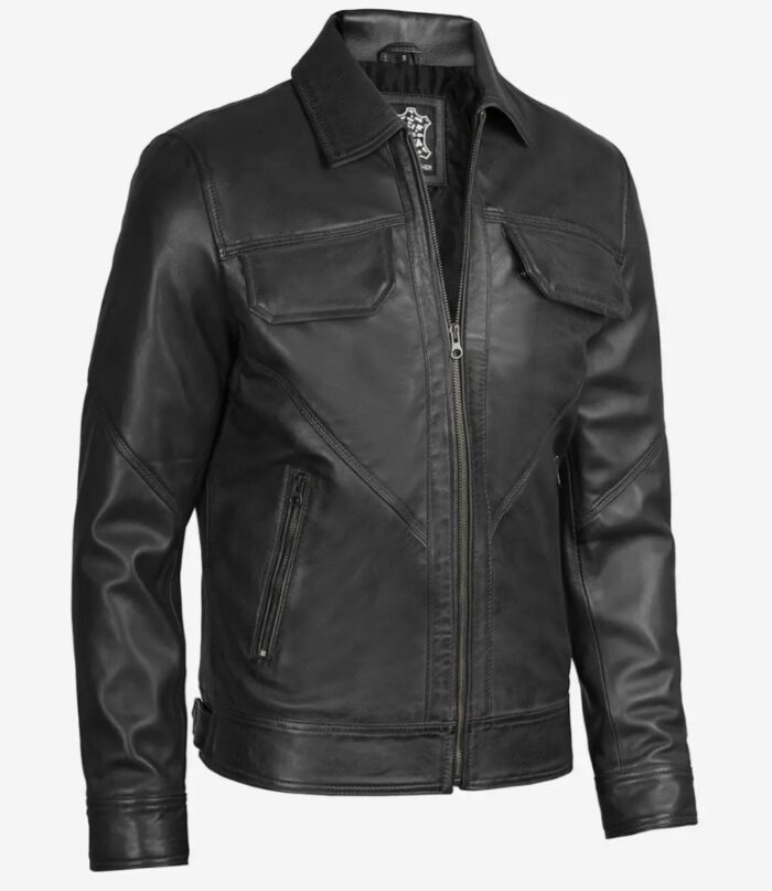 Jesse Men Black Shirt Collar Harrington Leather Jacket - Image 3