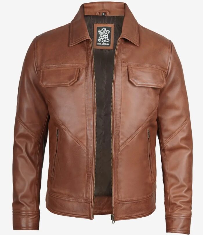 Men Cognac Shirt Collar Harrington Leather Jacket - Image 3