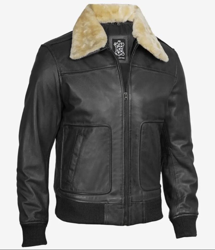 Garrett Black Mens Leather Bomber Jacket — Fur Collar - Image 3