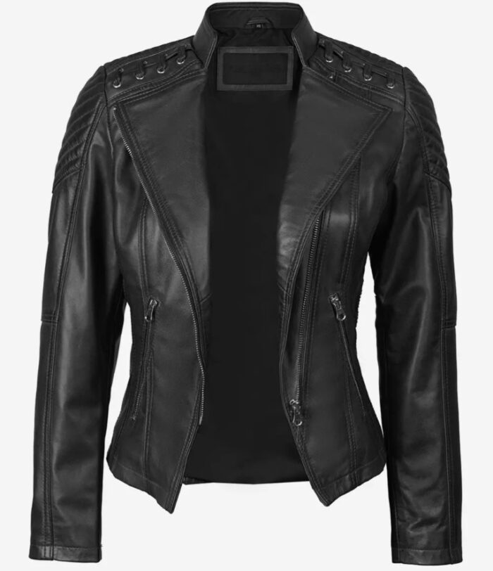 Erika Women's Black Leather Asymmetrical Motorcycle Jacket - Image 3