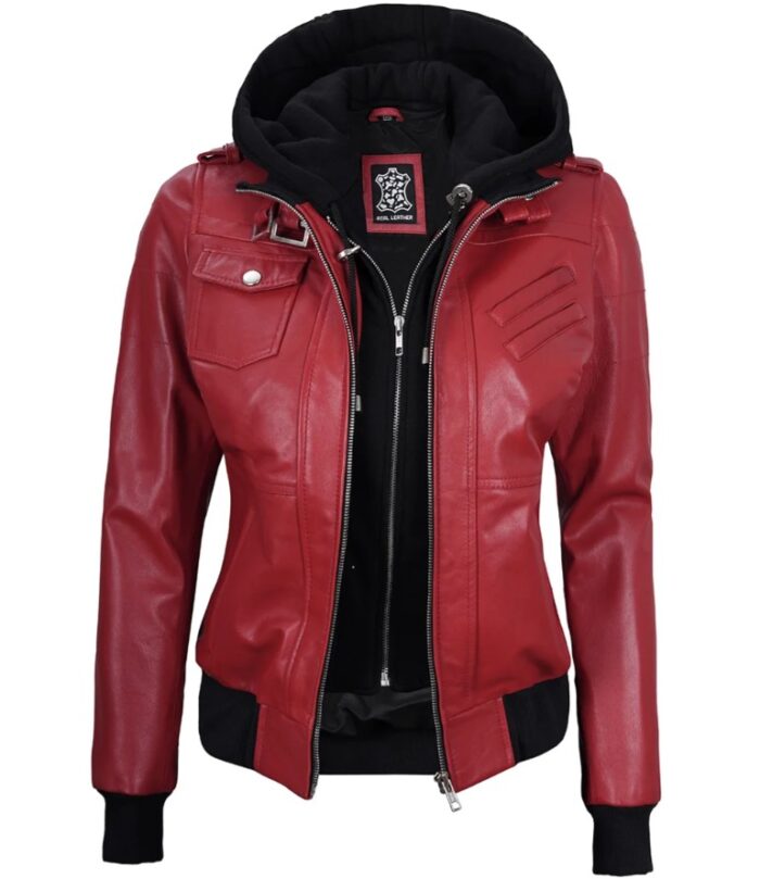 Women's Red Leather Jacket with Removable Hood - Image 3