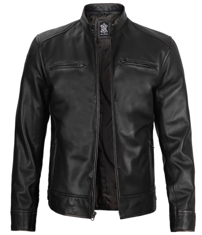 Dodge Men's Black Leather Cafe Racer Jacket - Low Stock - Image 3