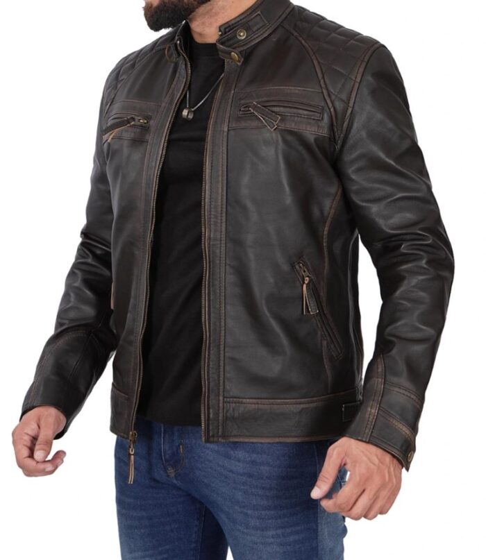 Men's Cafe Racer Distressed Brown Leather Jacket — Fast Delivery - Image 3