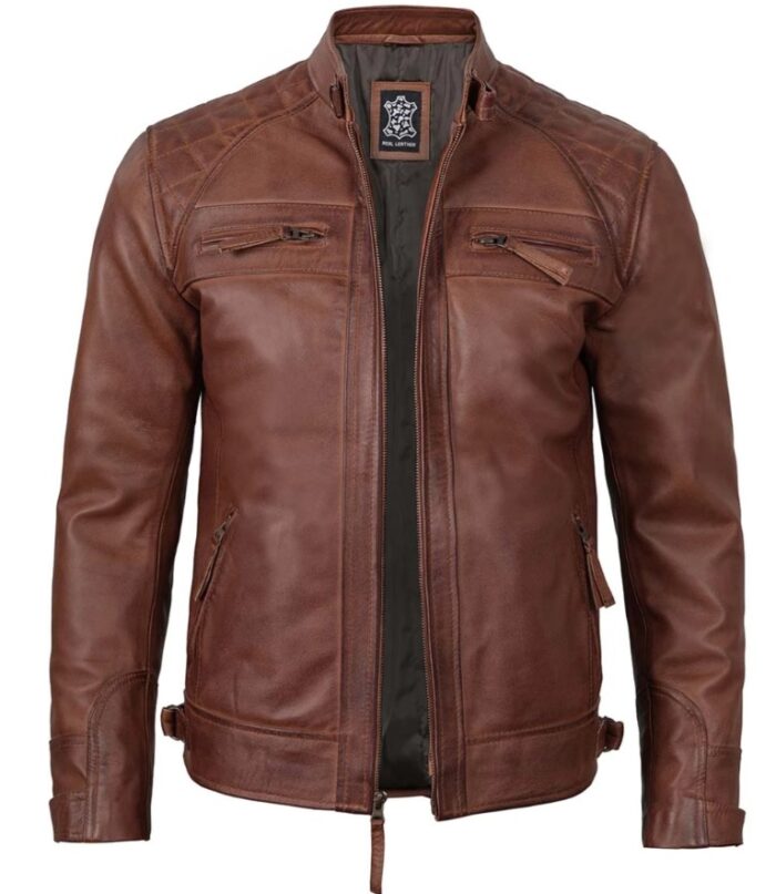 Men’s Cognac Brown Quilted Leather Motorcycle Jacket – Fitted & Rugged - Image 3