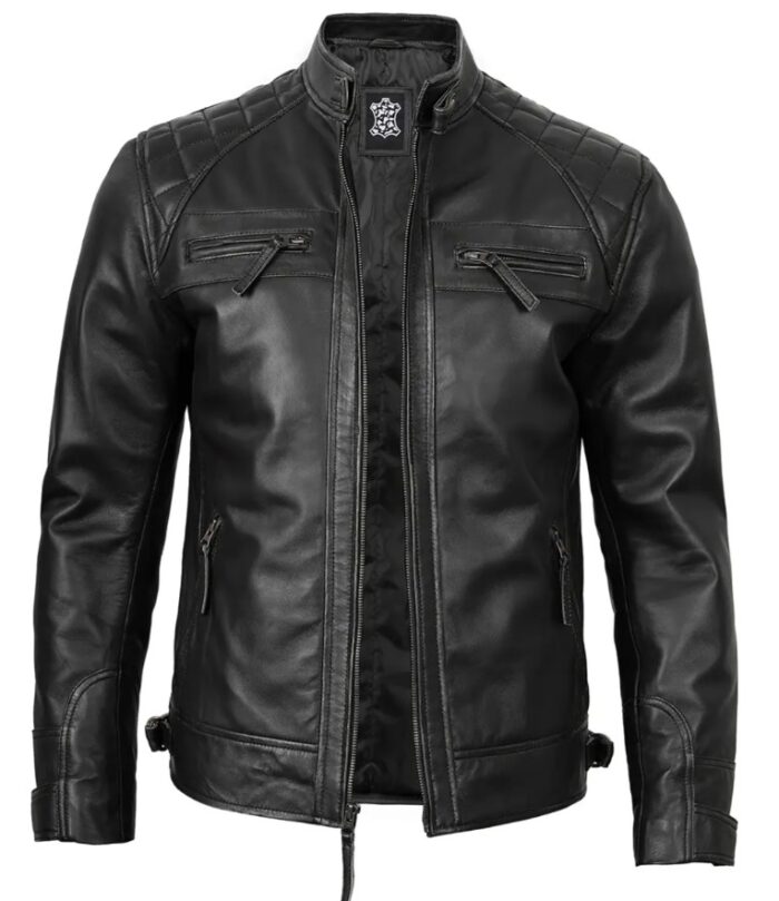 Men's Real Leather Cafe Racer Black Motorcycle Jacket — Fast Delivery - Image 3