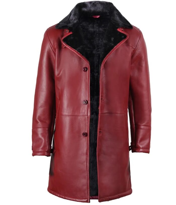 Men's Winter Maroon Leather with Black Shearling Long Coat - Image 3