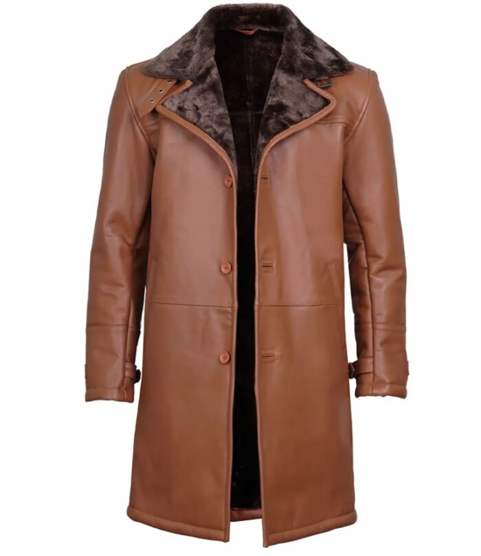 Men's Dark Brown Cognac Leather Shearling Coat - Image 3