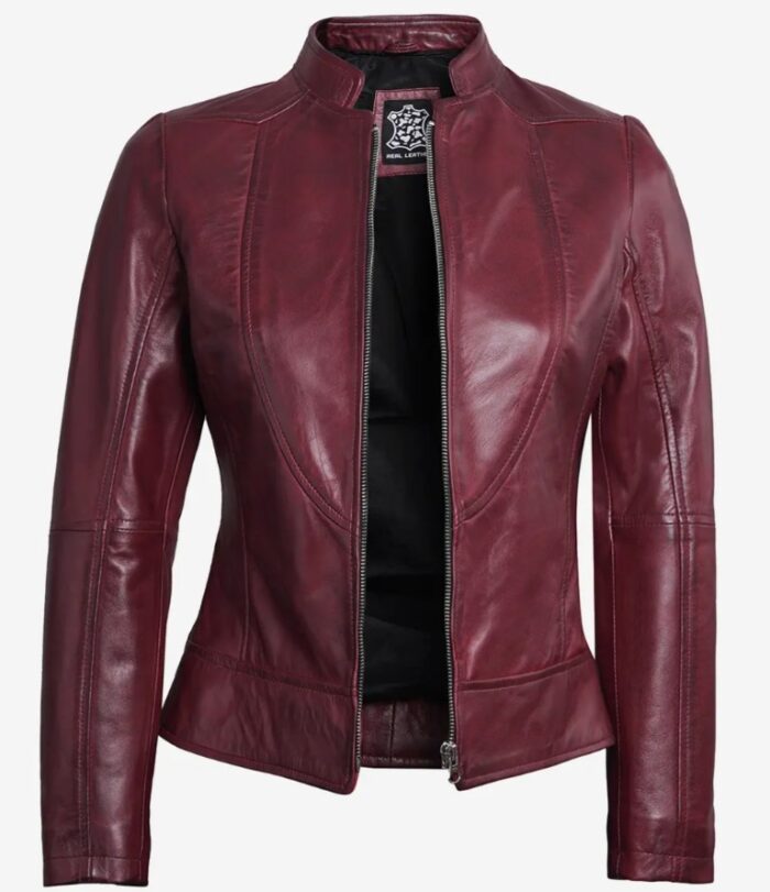 Women's Maroon Cafe Racer Leather Jacket - Image 3