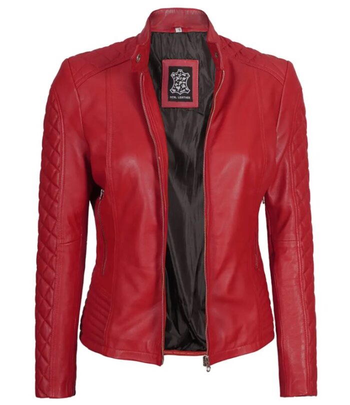 Women Red Quilted Sleeves Cafe Racer Leather Jacket - Image 3