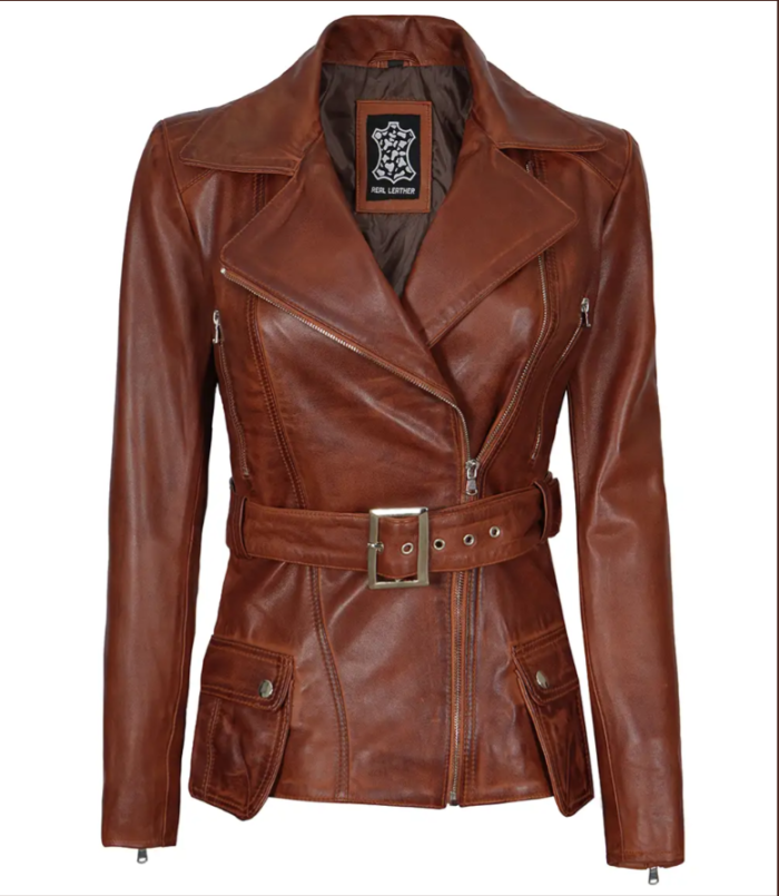 Women's Cognac Wax Asymmetrical Real Leather Jacket - Image 2
