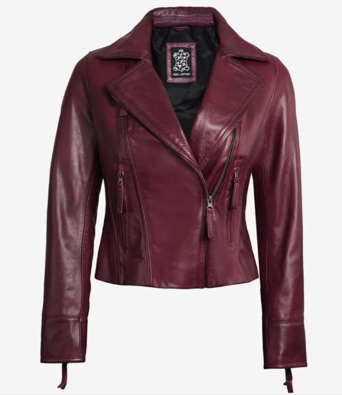 Ramsey Women's Maroon Asymmetrical Waxed Biker Leather Jacket - Image 3