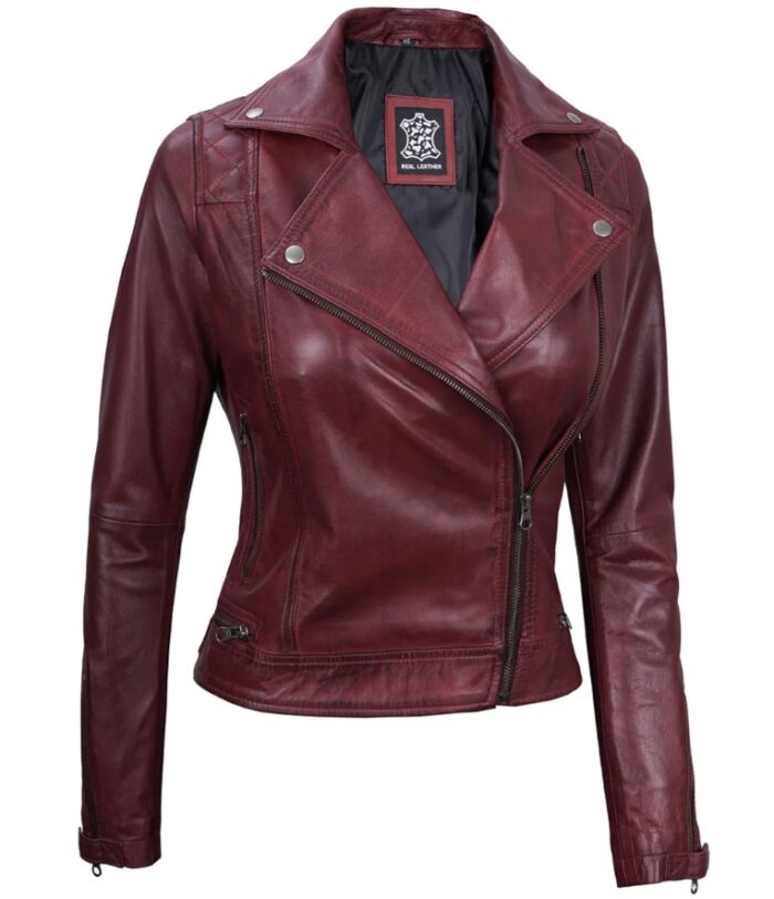 Kimberley Quilted Leather Motorcycle Maroon Jacket for Women - Image 3