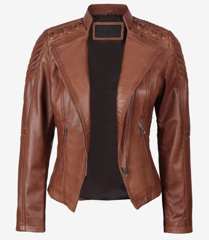 Erika Women's Cognac Brown Leather Asymmetrical Motorcycle Jacket - Image 3