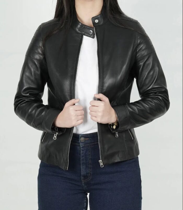 Carrie Women's Black Relaxed Fit Cafe Racer Leather Jacket - Image 3