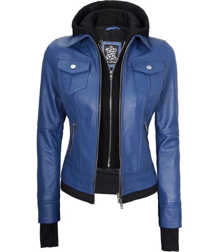 Betty Women's Blue Leather Jacket with Removable Hood - Image 3