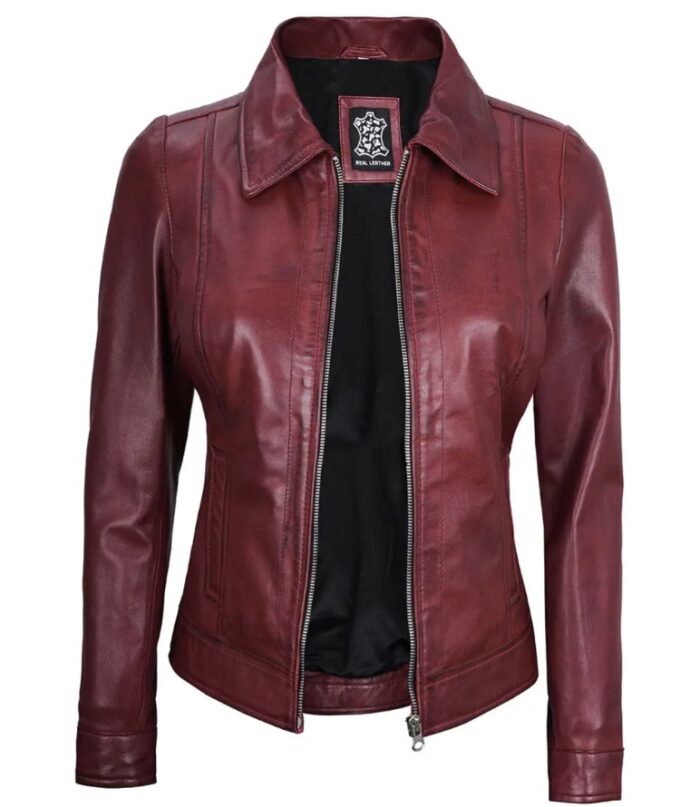 Jose Women's Harrington Leather Jacket Maroon - Image 3