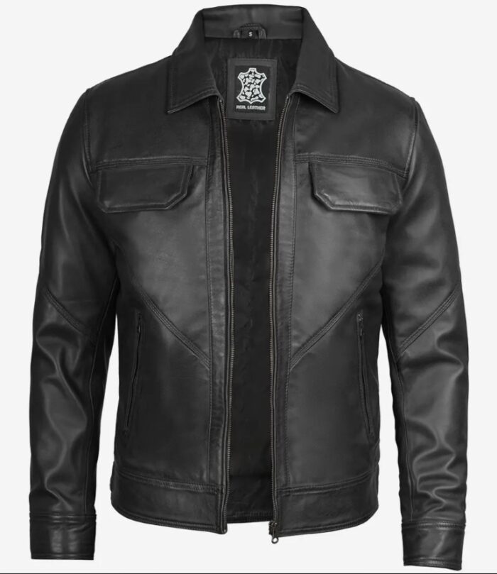 Jesse Men Black Shirt Collar Harrington Leather Jacket - Image 4