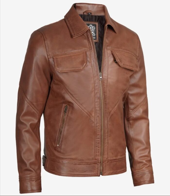 Men Cognac Shirt Collar Harrington Leather Jacket - Image 4